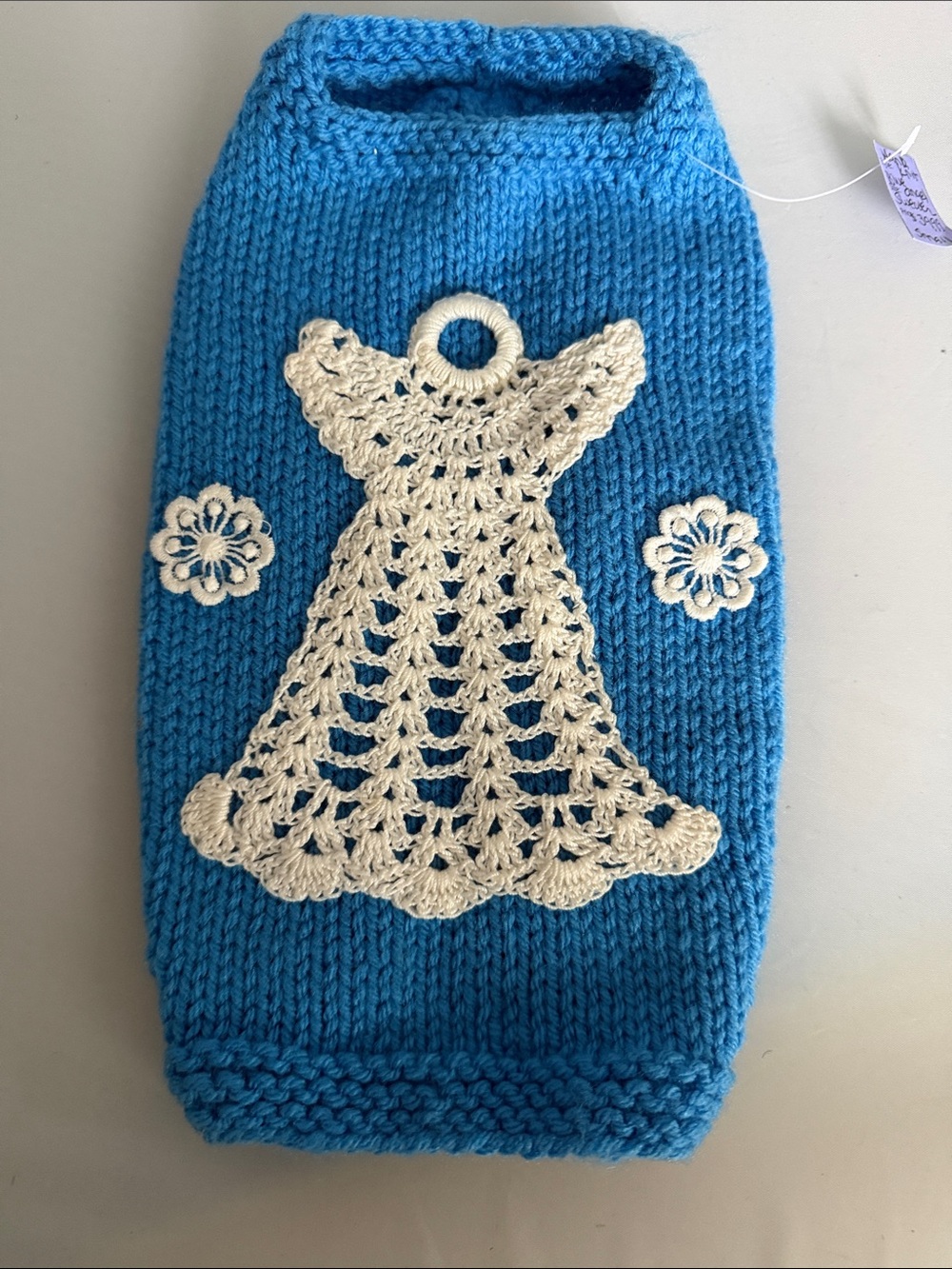 DOG HAND KNIT SWEATER with LACE ANGEL & FLOWERS. NEW. SMALL